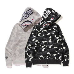 Bathing Shark print Hoodie Black and White Luminous Shark Coat Looped Fabric Hooded Shark Sweater Shark Embroidered Hoodie