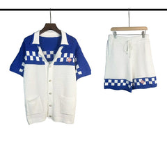 Casablanca knitted short-sleeved sweater Blue‑White Checkerboard Knit Button‑Front Set