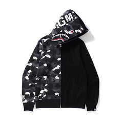 Bathing Shark print Hoodie Camouflage Stitching Sweatshirt Luminous Hooded Zipper Fleece Jacket