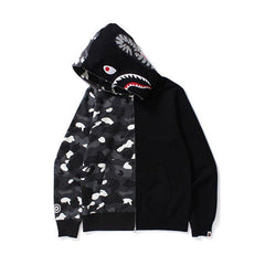 Bathing Shark print Hoodie Camouflage Stitching Sweatshirt Luminous Hooded Zipper Fleece Jacket
