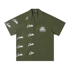 CORTEIZ Beach Shirt & Shorts Summer Script Printed Short Sleeve Button Down Shirt Loose Shorts(The shirt and shorts must be purchased separately.)