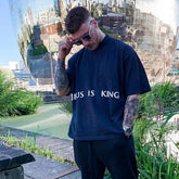 Mens T-shirt Vintage American-style Kanye-style oversized high-neck hip-hop tee featuring Three Gods puff print.