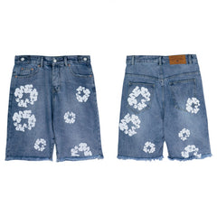 DENIM TEARS Denim shorts Denim All-Over Flower Wreath Graphic Oversized Frayed Hem Shorts