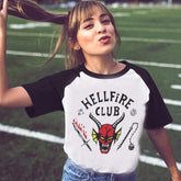 Mens T-shirt Vintage American-style Stranger Things Style Hellfire Club Print Raglan Tee