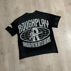 Roughplay T Shirts White Ink Direct-to-Garment Print "Gas Mask" Rhinestone-Embellished Washed & Distressed Short-Sleeve Tee