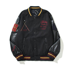 American-style baseball jacket Leather Sleeve 8-Ball Globe Graphic Oversized Streetwear Brand 40th Anniversary Limited Edition Black 8 Quilted Wool-Blend Varsity Jacket ¨C High-Street Hip-Hop Style with Embroidery (Kenijima-Style)