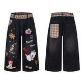 Street-style vintage Cropped trousers Retro Harajuku Style Loose-Fit Casual Jorts with Graphic Patches and Contrast Details