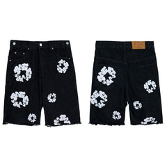 DENIM TEARS Denim shorts Denim All-Over Flower Wreath Graphic Oversized Frayed Hem Shorts