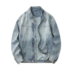 Denim Jacket & Jeans High-Street Trend Mens Y2K Streetwear Jacket Vintage Light Blue Washed Moto Biker Zip Front Casual Denim Outerwear (jacket and jeans must be purchased separately.)