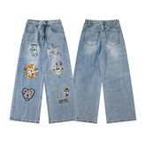 Street-style vintage jeans Retro Casual Harajuku Style Straight-Leg Denim Trousers with Cute Embroidery Patches
