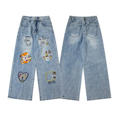 Street-style vintage jeans Retro Casual Harajuku Style Straight-Leg Denim Trousers with Cute Embroidery Patches