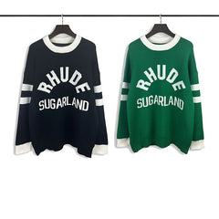 RHUDE knit sweater Collegiate Curved Text Motif Contrast Rib Cuff Relaxed‑Fit Knit Pullover