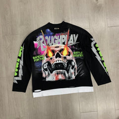 Roughplay Long sleeved shirt Power Skull High-Quality Streetwear Paneled Short-Sleeve Tee