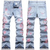 Mens Fashion Jeans Pink cherry blossom embroidered wide-leg pants 5711#