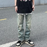 Men Jeans Washed Distressed Stitching Jeans Loose Straight Trousers