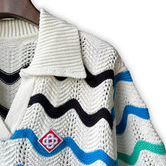 Casablanca knitted short-sleeved sweater Contrast Red‑Trim Chevron Knit Polo