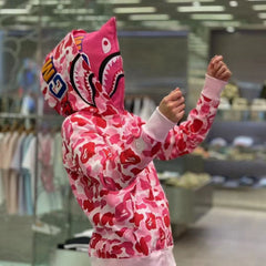 Bathing Shark print Hoodie Shark Double Hood Men's and Women's Cardigan Zip Sweater