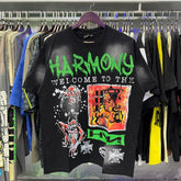 Harmony T Shirts Cement-wash, distressed-look, and hot-fix rhinestone application.