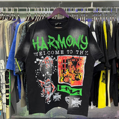 Harmony T Shirts Cement-wash, distressed-look, and hot-fix rhinestone application.