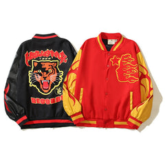 American-style baseball jacket High-street style HELL tiger-motif varsity jacket featuring color-blocking, contrast paneling, and embroidery¡ªan Instagram-trending design.