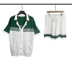Casablanca knitted short-sleeved sweater Contrast Green‑White Stripe Knit Set Chest Badge
