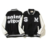 American-style baseball jacket High-street Saint of God American-style color-block varsity jacket for men; loose-fit unisex design featuring leather sleeves and a wool-blend body.