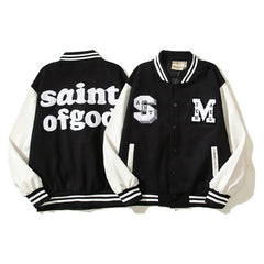American-style baseball jacket High-street Saint of God American-style color-block varsity jacket for men; loose-fit unisex design featuring leather sleeves and a wool-blend body.