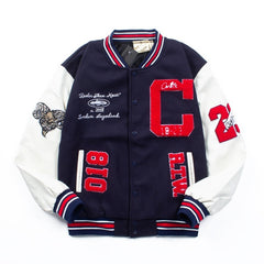 American-style baseball jacket Streetwear CRTZ heavyweight wool-blend jacket with leather sleeves and intricate, high-density embroidery.