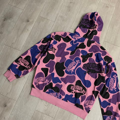 Roughplay Hoodie Pink Camo Rhinestone-Embellished Distressed Cardigan