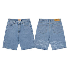 CORTEIZ Denim shorts Y2K Light Wash Denim Back Arc Lettering Loose Fit Shorts