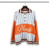 RHUDE knit sweater Henley Button Collar Mixed Stripe Block Knit Pullover