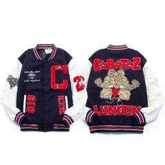 American-style baseball jacket Streetwear CRTZ heavyweight wool-blend jacket with leather sleeves and intricate, high-density embroidery.