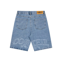 CORTEIZ Denim shorts Y2K Light Wash Denim Back Arc Lettering Loose Fit Shorts