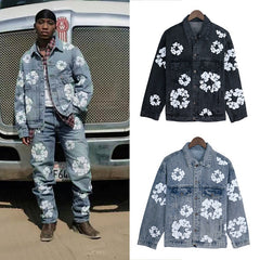 DENIM TEARS Denim Jacket Denim All-Over Flower Wreath Graphic Oversized Button Up