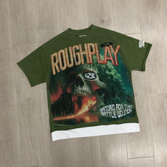 Roughplay T Shirts Island (OLIVE) 2026 SS White Ink Direct-to-Film (DTF) Print with Rhinestones