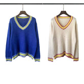 RHUDE knit sweater Collegiate‑Style Multi‑Color Ribbed V‑Neck Bound‑Edge Textured Knit Top