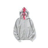 Bathing Shark print Hoodie Grey Pink Double Hood Cardigan Zip Hooded Fleece Shark