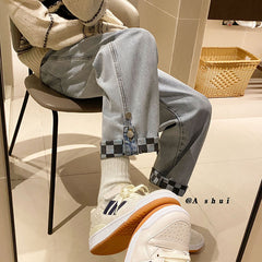 Men Jeans Summer Jeans Loose Wide Leg Pants Straight Plaid Pants