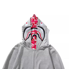 Bathing Shark print Hoodie Grey Pink Double Hood Cardigan Zip Hooded Fleece Shark