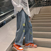 Men Jeans Spring and Autumn Loose-Fitting Wide-Leg Trousers Hip Hop Graffiti Pants