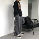 Men Jeans Washed Denim Trousers Elastic Waist Baggy Straight Trousers
