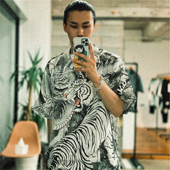 GUILTYPARTIES TIGER Shirts 22AW Dragon and Tiger Fight, Tiger Print Hawaiian Short Sleeve Shirt Men
