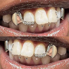 Grillz Hip-Hop Rock Symmetrical Fangs Zircon Braces Horizontal Bar Combination Personalized Dentures Men's Cross-Border Hip-Hop Accessories