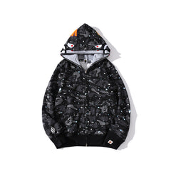 Bathing Shark print Hoodie Luminous Starry Sky Two-Hat Cardigan Zipper Velvet Shark