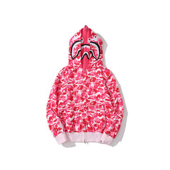 Bathing Shark print Hoodie Camouflage Double Hat Autumn/Winter Fleece Cardigan Zipper Loose Shark
