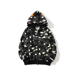 Bathing Shark print Hoodie Shark Head Embroidery Luminous Spot Camouflage Double Hood Brushed Hoody Men and Women