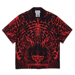 GUILTYPARTIES TIGER Shirts 22AW Wolf's Head Red and Green Wolf Face Hawaiian Short Sleeve Shirt Men