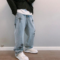 Men Jeans Autumn Cross Paste Cloth Embroidery Loose Straight Wide Trousers