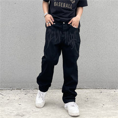 Men Jeans Black Jeans Men's and Women's Vintage Embroidered Straight Loose Jeans