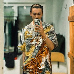 GUILTYPARTIES TIGER Shirts 22AW Dragon and Tiger Fight, Tiger Print Hawaiian Short Sleeve Shirt Men